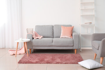 Interior of modern living room with grey sofa