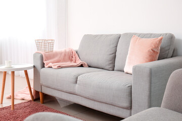 Interior of modern living room with grey sofa