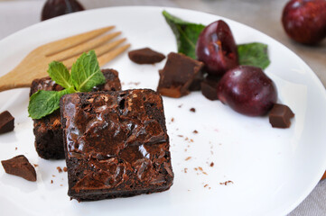 Close up Homemade Fudge Brownies on White Plate