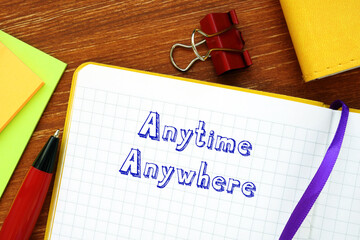 Business concept meaning Anytime Anywhere with inscription on the sheet.