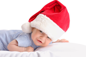 Cute little baby in Santa hat on white background