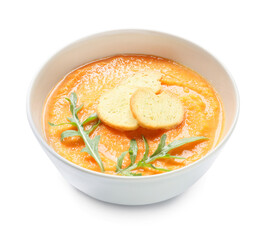 Tasty pumpkin cream soup in bowl on white background