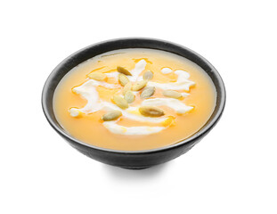 Tasty pumpkin cream soup in bowl on white background