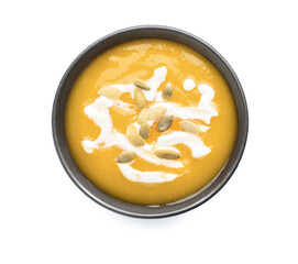 Tasty pumpkin cream soup in bowl on white background