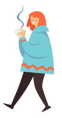 Woman wearing warm clothes walking and drinking tea