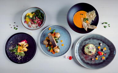 Restaurant food composition on light rustic table with small minimalistic decorations on fancy plates