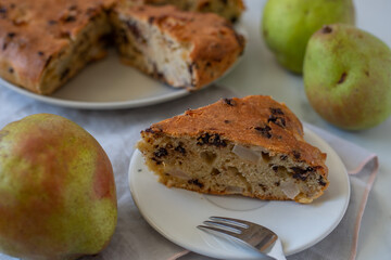 home made vanilla cake with chocolate chips and pears