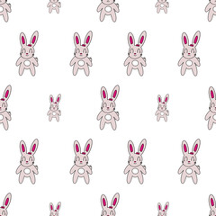 Seamless pattern. Funny hare. Rabbit with a pink bow. Suitable for backgrounds, postcards, and wrapping paper. Vector.