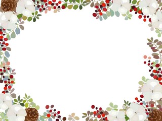 コットンと松ぼっくりのリース　水彩風