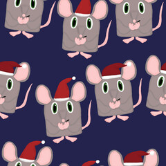 New Year seamless pattern with rats with Santa hats on a blue background