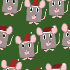New Year seamless pattern with rats with Santa hats on a green background