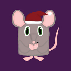 isolated New Year rat with Santa hat on a purple background