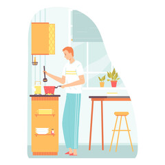 Brown-haired man cooking in the kitchen. Housework concept. Vector illustration for banners, posters, postcard . Cartoon style