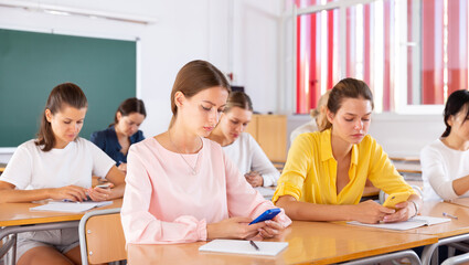 Fototapeta premium Group of focused female students using phones at class in auditorium