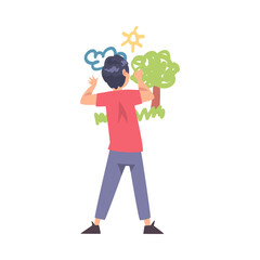 Boy Drawing Scene of Nature on Wall, Kid Drawing with Colorful Chalk Pencils and Crayons, View from Behind Cartoon Style Vector Illustration
