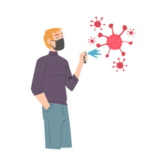 Man in Protective Black Mask with Antibacterial Spray for Virus Prevent, Protection from Virus Outbreak, Pandemic Prevention Concept Cartoon Style Vector Illustration