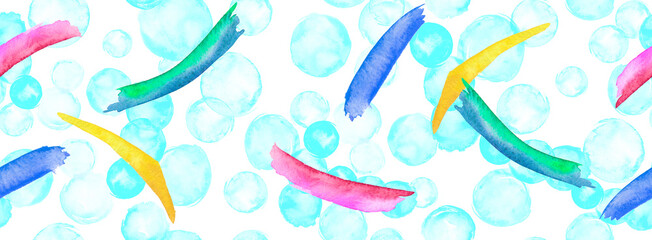Watercolor light blue bubbles isolated on white background.Watercolor seamless background. Colorful confetti, cracker, balls, soap bubbles.Multi-colored line. round abstract spot. Watercolor splash