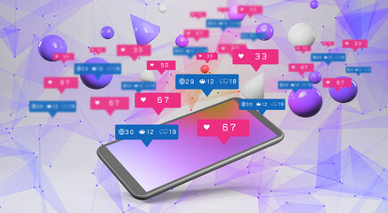 Smartphone with Social media notification icons . 3d rendering