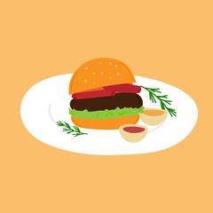 Hamburger with beef cutlet, leaf salad, tomatoes and cheese. On the plate there is a burger with two sauces - mustard and ketchup. Cartoon illustration isolated on yellow.