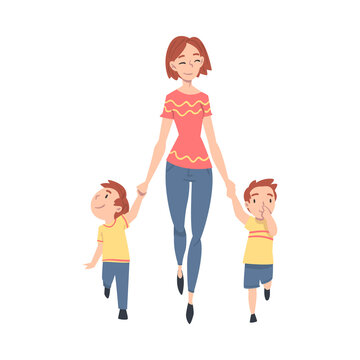 Mother Taking her Two Little Sons to the School or Kindergarten in the Morning, Parent and Kid Walking Together Holding Hands Cartoon Style Vector Illustration