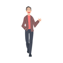 Smiling Man Walking and Waving his Hand Cartoon Style Vector Illustration