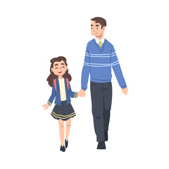 Fototapeta premium Father Taking his Daughter to the School in the Morning, Parent and Kid Walking Together Holding Hands Cartoon Style Vector Illustration