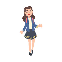 Schoolgirl in Uniform Walking to School, Back to School, Education Concept Cartoon Style Vector Illustration