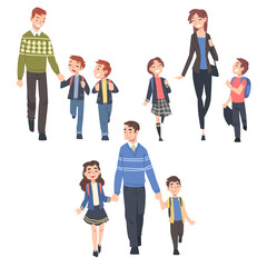 Obraz premium Parents Taking their Children to the School in the Morning, Fathers, Mothers and Kids Walking Together Holding Hands Cartoon Style Vector Illustration