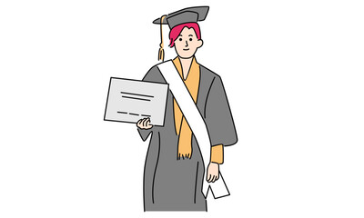 Graduation woman. Line art color vector illustration