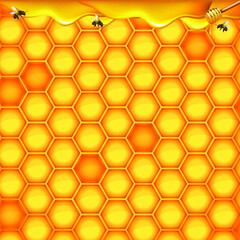 Shiny and stylish honeycomb background and flowing honey. Abstract geometric orange background. Bright color texture honey, 3D hexagons for banner, advertising or wallpaper. vector illustration.
