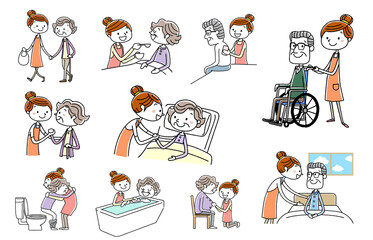 人物セット：介護、シニア、ヘルパー
