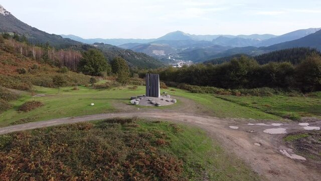 yoshin ogata sculpture in the mountains in the basque country, spain (aerial shot made with drone)