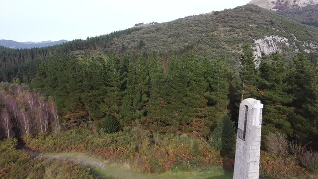 yoshin ogata sculpture in the mountains in the basque country, spain (aerial shot made with drone)