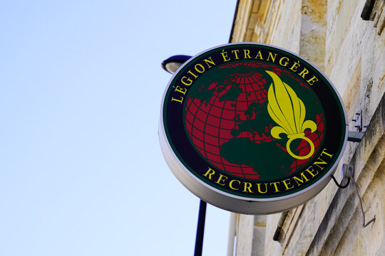 Legion Etrangere Recrutement Text Sign And Logo Of French Recruitment Military Service Foreign Legion Coat Of Arms On The World Globe