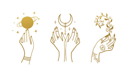 Mystical line drawings for boho design, tattoo, logo, gold foil. Hands with a planet, a crescent, a plant. Vector sketch isolated on white background