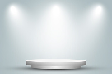 Empty space of Round white podium or pedestal in studio room with spotlight in gray background. - obrazy, fototapety, plakaty