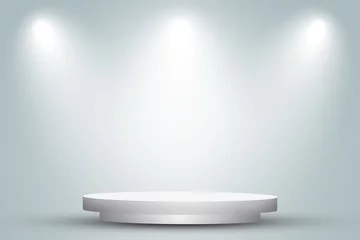 Rolgordijnen Empty space of Round white podium or pedestal in studio room with spotlight in gray background. © Angkana