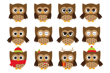 Owls icons, bright owls with different emotions
