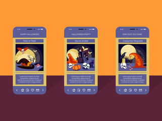 Halloween party mobile phone screens set. Smartphone text messages to Halloween night event on screen. Join us if you dare online communication concept cartoon vector illustration.