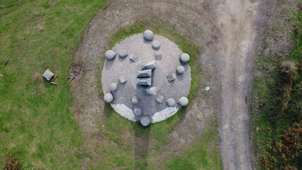 yoshin ogata sculpture in the mountains in the basque country, spain (aerial shot made with drone)
