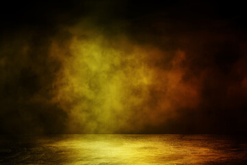 Empty space of Concrete floor grunge texture background with fog or mist and golden lighting effect.