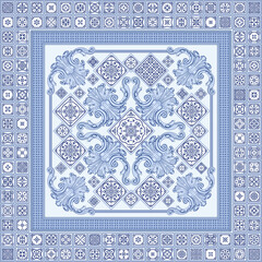 Vector carpet print on a beige background. Patchwork Pattern from Baroque scrolls and Dutch style blue and white ceramic tiles. Scarf, shawl, rug, tablecloth, tapis textile patch 