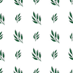 Seamless pattern with green leaves on a white background. Can be used for napkins, wrapping paper, fabric, tablecloth, curtains, as a background, for packaging.