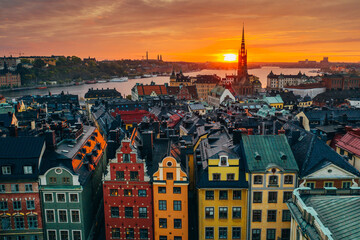Stortorget place in Gamla stan, Stockholm in a beautiful sunset over the city. 