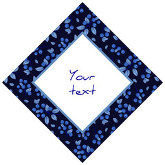 Diamond-shaped frame with blueberry twigs on dark blue background, for greeting cards, invitations, posters, banners.