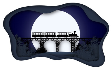 Winter art paper and crafts. Night express. Ttrain on the bridge against the background of the moon in winter . Illustration in a paper frame with shadow. 