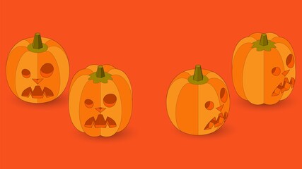 Set of isometric halloween pumpkins. Jack-o'-lanterns isolated on violet background.