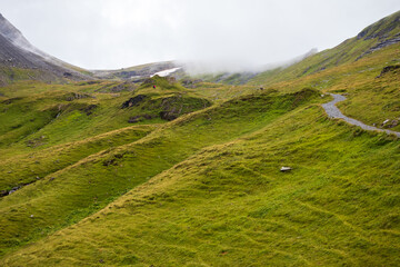 Path through the green hills near Bachalpsee in the Valais Alps of Switzerland on a foggy day. 