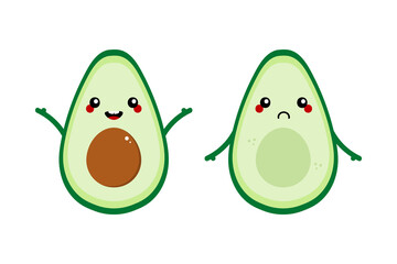Couple of cute cartoon style avocado characters, happy with seed and sad without seed.