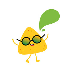 Cute cartoon style nachos chip, tortilla chip character with speech bubble, talking, giving advice or information.